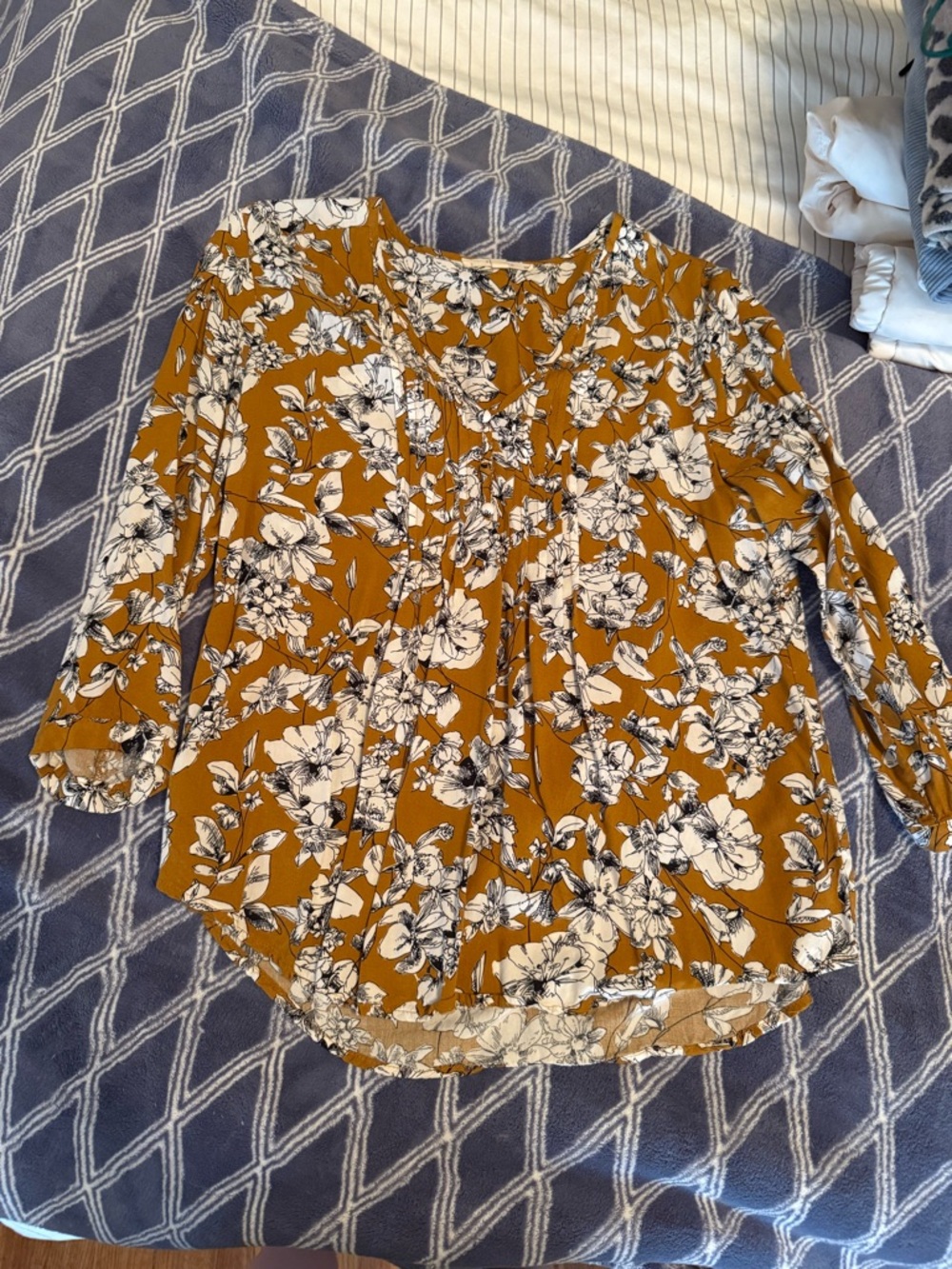 fun 2 fun Mustard Yellow Floral V-Neck Blouse